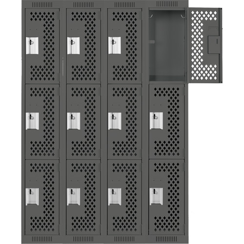 Clean Line Lockers, 3 -tier, Bank of 4, 48" x 12" x 72", Steel, Charcoal, Rivet (Assembled), Perforated Stor-it Systems