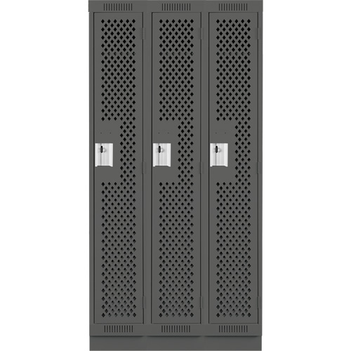 Clean Line Lockers, Bank of 3, 36" x 15" x 76", Steel, Charcoal, Rivet (Assembled), Perforated Stor-it Systems