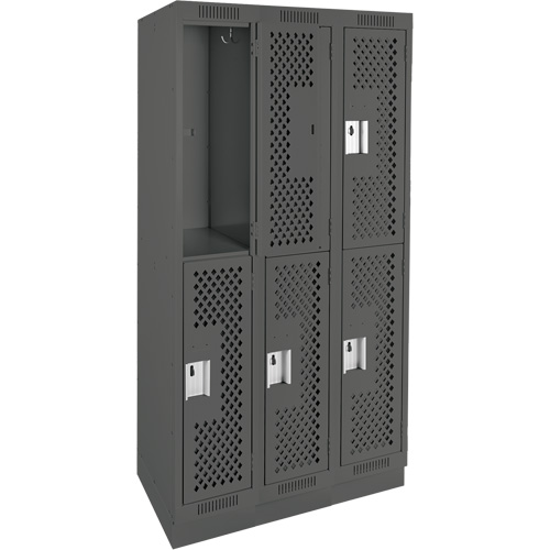 Clean Line Lockers, 2 -tier, Bank of 3, 36" x 15" x 76", Steel, Charcoal, Rivet (Assembled), Perforated Stor-it Systems