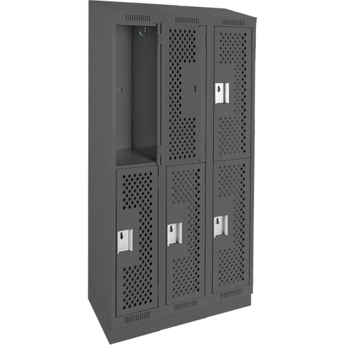 Clean Line Lockers, 2 -tier, Bank of 3, 36" x 12" x 82", Steel, Charcoal, Rivet (Assembled), Perforated Stor-it Systems