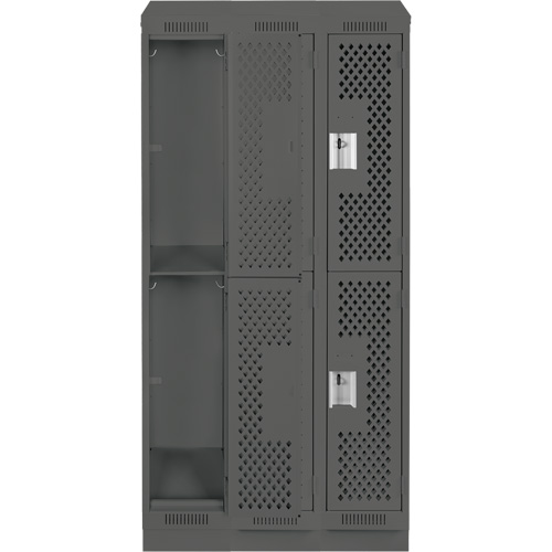 Clean Line Lockers, 2 -tier, Bank of 3, 36" x 12" x 82", Steel, Charcoal, Rivet (Assembled), Perforated Stor-it Systems