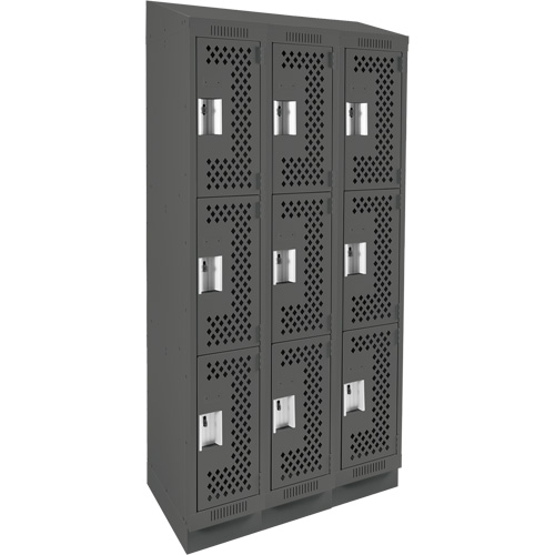 Clean Line Lockers, 3 -tier, Bank of 3, 36" x 15" x 82", Steel, Charcoal, Rivet (Assembled), Perforated Stor-it Systems