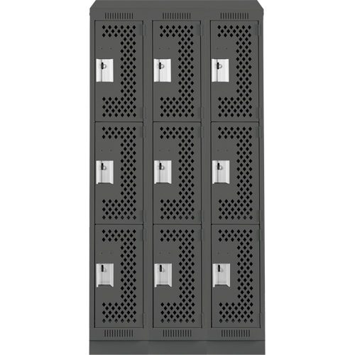 Clean Line Lockers, 3 -tier, Bank of 3, 36" x 15" x 82", Steel, Charcoal, Rivet (Assembled), Perforated Stor-it Systems