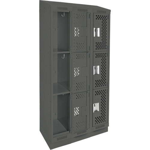 Clean Line Lockers, 3 -tier, Bank of 3, 36" x 15" x 82", Steel, Charcoal, Rivet (Assembled), Perforated Stor-it Systems