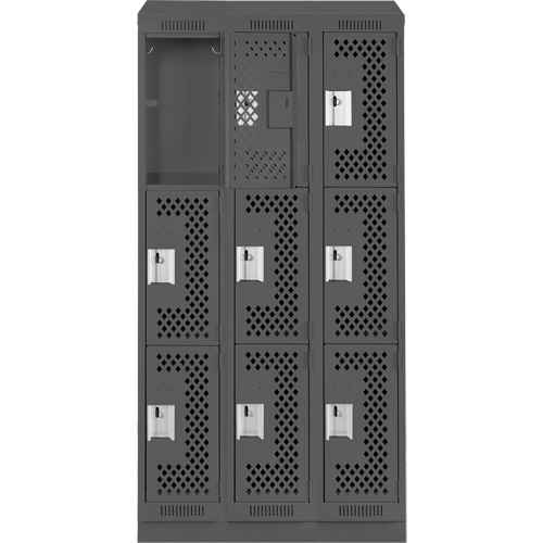 Clean Line Lockers, 3 -tier, Bank of 3, 36" x 15" x 82", Steel, Charcoal, Rivet (Assembled), Perforated Stor-it Systems