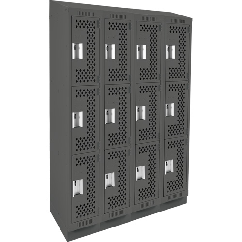 Clean Line Lockers, 3 -tier, Bank of 4, 48" x 15" x 82", Steel, Charcoal, Rivet (Assembled), Perforated Stor-it Systems
