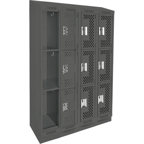 Clean Line Lockers, 3 -tier, Bank of 4, 48" x 15" x 82", Steel, Charcoal, Rivet (Assembled), Perforated Stor-it Systems