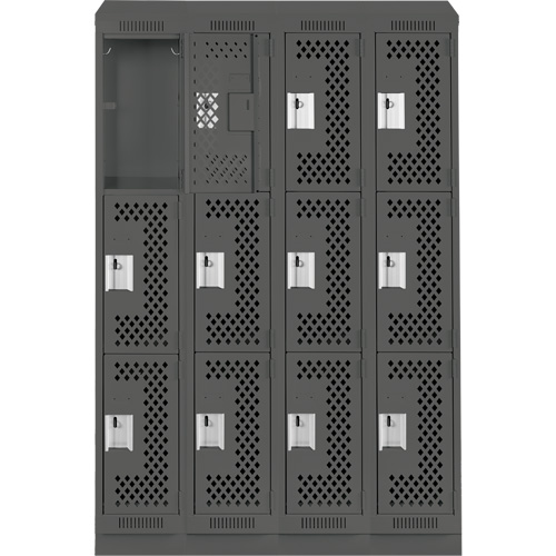 Clean Line Lockers, 3 -tier, Bank of 4, 48" x 15" x 82", Steel, Charcoal, Rivet (Assembled), Perforated Stor-it Systems