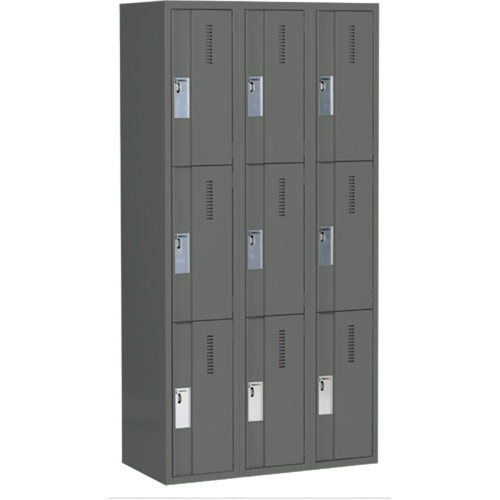 Concorde Heavy-Duty Lockers, 3 -tier, Bank of 3, 36" x 18" x 72", Steel, Charcoal, Welded (Assembled) Stor-it Systems