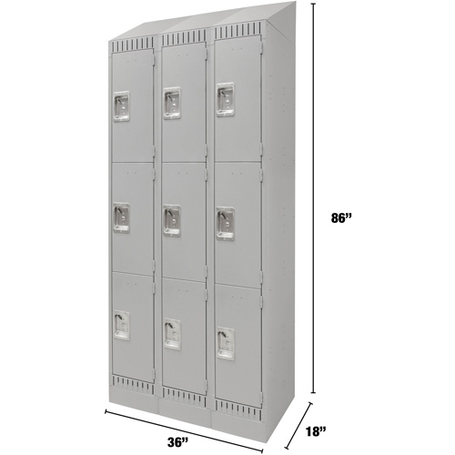 Lockers, 3 -tier, Bank of 3, 36" x 18" x 86", Steel, Grey, Knocked Down Stor-it Systems