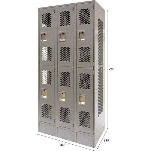 Vented Lockers, 2 -tier, Bank of 3, 36" x 18" x 78", Steel, Grey, Knocked Down, Perforated Stor-it Systems