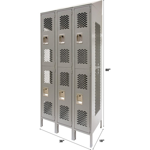 Vented Lockers, 2 -tier, Bank of 3, 36" x 18" x 88", Steel, Grey, Knocked Down, Perforated Stor-it Systems