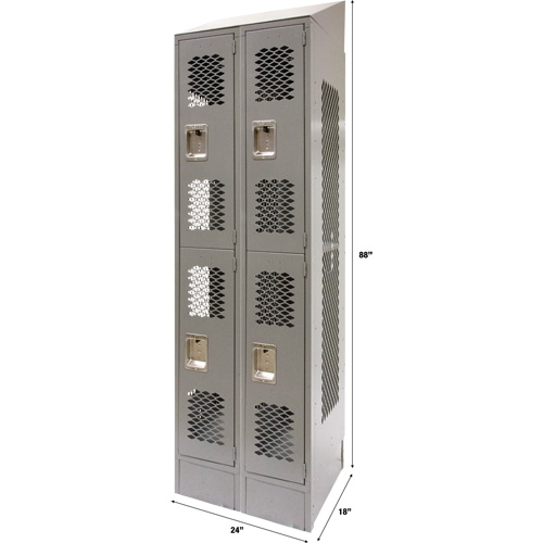 Vented Lockers, 2 -tier, Bank of 2, 24" x 18" x 88", Steel, Grey, Knocked Down, Perforated Stor-it Systems
