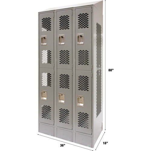 Vented Lockers, 2 -tier, Bank of 3, 36 x 18" x 88", Steel, Grey, Knocked Down, Perforated Stor-it Systems