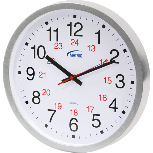 12/24 H Clock, Analog, Battery Operated, 12", Silver Stor-it Systems