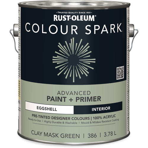Peinture int&eacute;rieure pr&eacute;teint&eacute;e + appr&ecirc;t mural Colour Spark, Vert masque en argile, Satin&eacute;, 3,78 L, Gallon Stor-it Systems