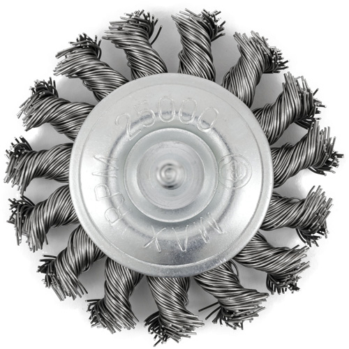 Shaft Mounted Knot Twisted Radial Brush, 3" Dia., 0.02" Fill, 1/4" Arbor, Stainless Steel Stor-it Systems