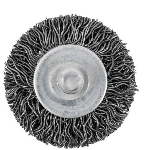 Brosse radiale &agrave; fils cr&ecirc;p&eacute;s mont&eacute; sur mandrin 126, 1-1/2", Fils 0,02", Tige 1/4" Stor-it Systems