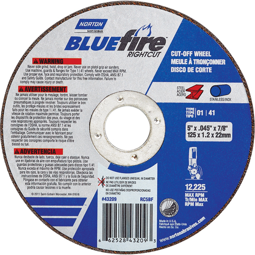 Meule a tronconner BlueFire, 4-1/2" x 0,045"/1/16", Arbre de 7/8", Type 01/41, Oxyde d'aluminium/Zirconium, 13580 Tr/min Stor-it Systems