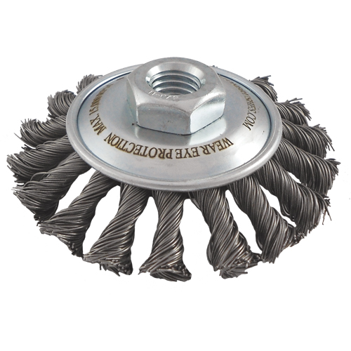 Brosses soucoupes &agrave; fils nou&eacute;s, Dia. 5", Fils 0,02", Arbre 5/8"-11, Acier Stor-it Systems