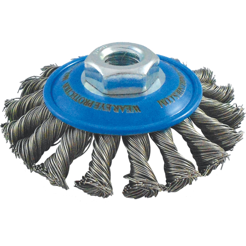 Brosses soucoupes &agrave; fils nou&eacute;s, Dia. 4", Fils 0,02", Arbre 5/8"-11, Acier inoxydable Stor-it Systems