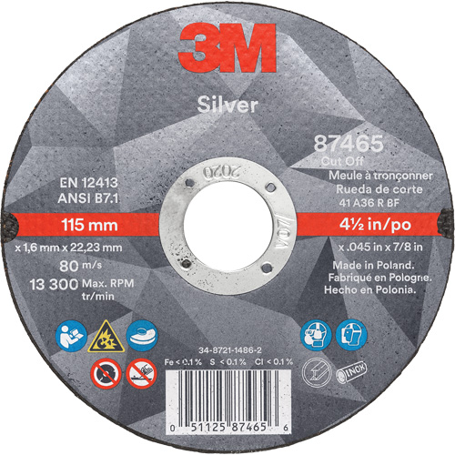 Silver Cut-Off Wheel, 4-1/2" x 0.045", 7/8" Arbor, Type 1, Ceramic, 13300 RPM Stor-it Systems