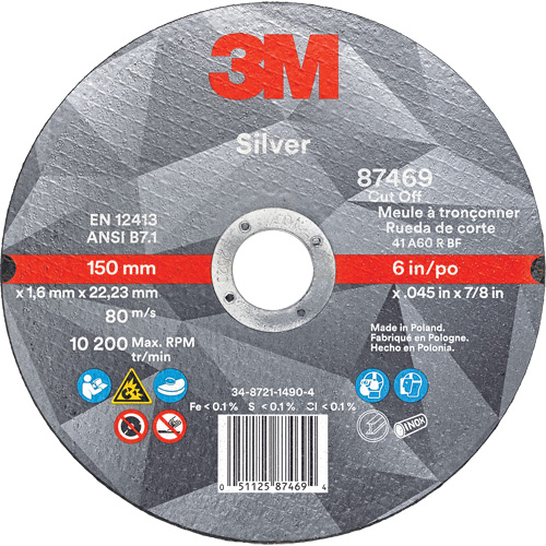 Meule &agrave; tronçonner Silver, 6" x 0,045", Arbre de 7/8", Type 1, C&eacute;ramique, 10 200 Tr/min Stor-it Systems