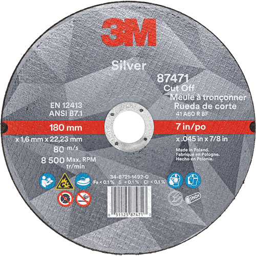 Silver Cut-Off Wheel, 7" x 0.045", 7/8" Arbor, Type 1, Ceramic, 8500 RPM Stor-it Systems
