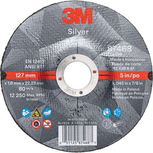 Meule &agrave; tronçonner Silver, 5" x 0,045", Arbre de 7/8", Type 27, C&eacute;ramique, 12250 Tr/min Stor-it Systems