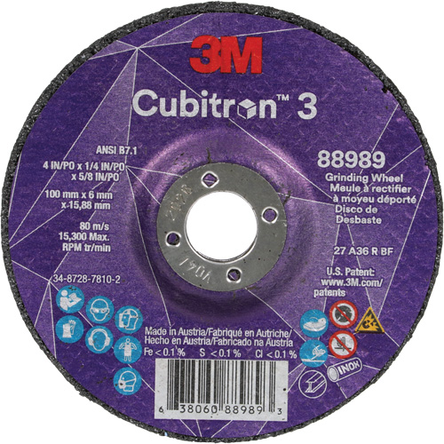 Cubitron 3 Depressed Centre Grinding Wheel, 4" x 1/4", 5/8" Arbor, Ceramic, Type T27 Stor-it Systems