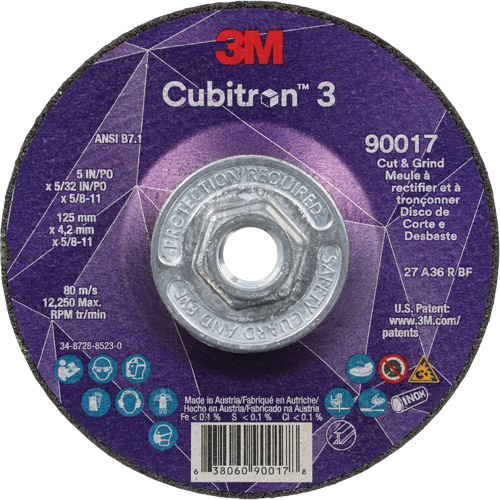 Meule &agrave; couper & tronçonner Cubitron 3, 5" x 5/32", Arbre de 5/8"-11, Type T27, Grain de 36+, C&eacute;ramique Stor-it Systems