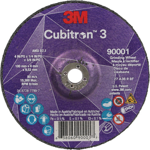 Cubitron 3 Depressed Centre Grinding Wheel, 4" x 1/4", 3/8" Arbor, Ceramic, Type T27 Stor-it Systems