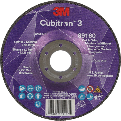 Cubitron 3 Cut and Grind Wheel, 5" x 1/8", 7/8" Arbor, Type 27, 36 Grit, Ceramic Stor-it Systems