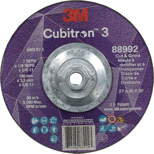Meule &agrave; rectifier et &agrave; tronçonner Cubitron 3, 7" x 1/8", Arbre de 5/8"-11, Type 27, Grain de 36, C&eacute;ramique Stor-it Systems