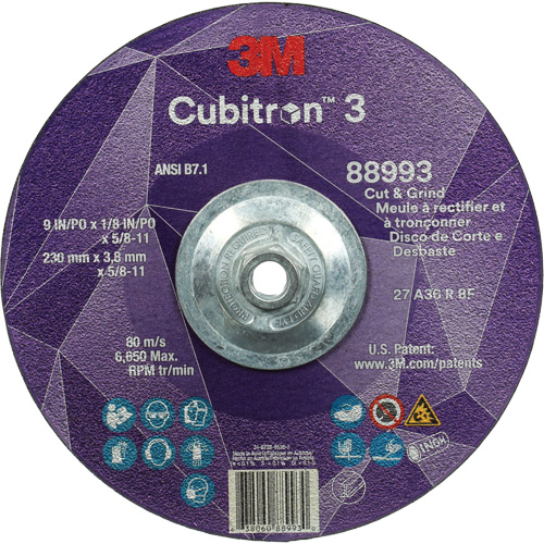 Cubitron 3 Cut and Grind Wheel, 9" x 1/8", 5/8"-11 Arbor, Type 27, 36 Grit, Ceramic Stor-it Systems