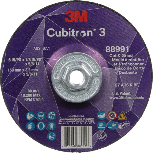 Cubitron 3 Cut and Grind Wheel, 6" x 1/8", 5/8"-11 Arbor, Type 27, 36 Grit, Ceramic Stor-it Systems