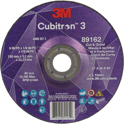 Meule &agrave; rectifier et &agrave; tronçonner Cubitron 3, 6" x 1/8", Arbre de 7/8", Type 27, Grain de 36, C&eacute;ramique Stor-it Systems