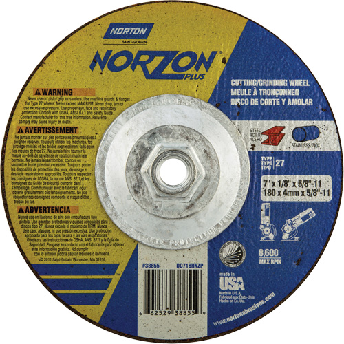 NorZon Plus SGZ  Grinding & Cutting Wheel, 7" x 1/8", 5/8"-11 Arbor, Type 27, Ceramic Alumina Stor-it Systems