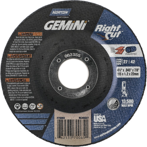 Gemini RightCut Right Angle Cut-Off Wheel, 4-1/2" x 0.045", 7/8" Arbor, Type 27/42, Aluminum Oxide, 13580 RPM Stor-it Systems