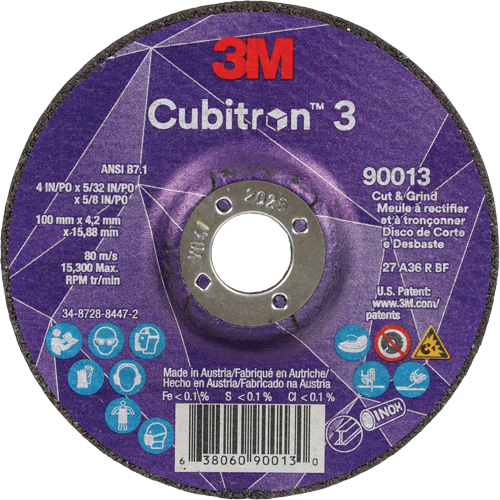 Meule &agrave; tronçonner Cubitron 3, 4" x 39/250", Arbre de 5/8", Type 27, Grain de 36, C&eacute;ramique Stor-it Systems