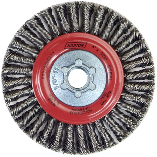 Brosse &agrave; fils nou&eacute;s pour cordons de soudure pour meuleuse angulaire, Dia. 4", Fils 0,02", Arbre 5/8"-11, Acier Stor-it Systems