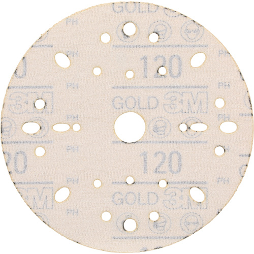 Hookit Gold Abrasive Disc, 6" Dia., 120 Grit, Aluminum Oxide, C-Weight Stor-it Systems