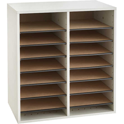 Adjustable Compartment Literature Organizer, Stationary, 16 Slots, Wood, 19-1/2" W x 11-3/4" D x 21" H Stor-it Systems
