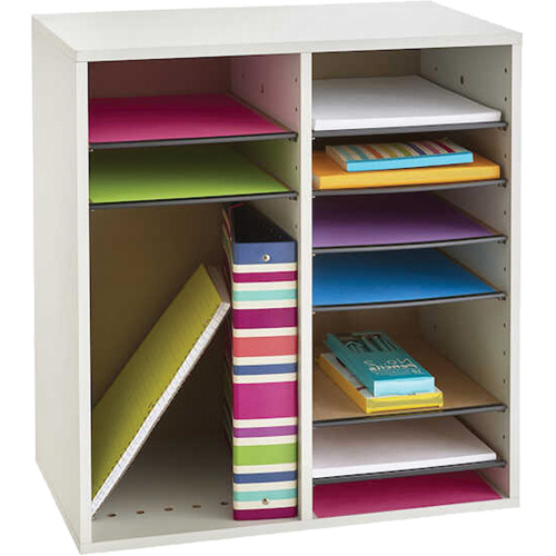 Adjustable Compartment Literature Organizer, Stationary, 16 Slots, Wood, 19-1/2" W x 11-3/4" D x 21" H Stor-it Systems