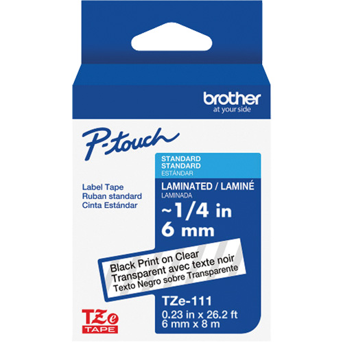 TZe-111 Laminated Tape for TZe-Compatible P-Touch Label Makers, Black on Clear, 0.23" Width Stor-it Systems