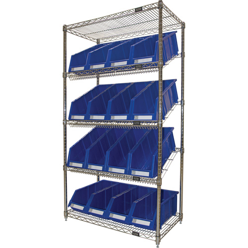 Slanted Wire Shelf with Bins, 5 Tiers, 36" W x 63" H x 18" D Stor-it Systems