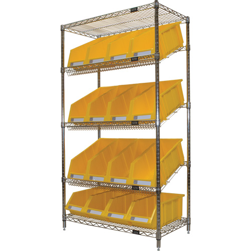 &eacute;tag&egrave;re en treillis m&eacute;tallique &agrave; tablettes inclin&eacute;es avec bacs, Tiers 5, 36" la x 63" h x 18" p Stor-it Systems