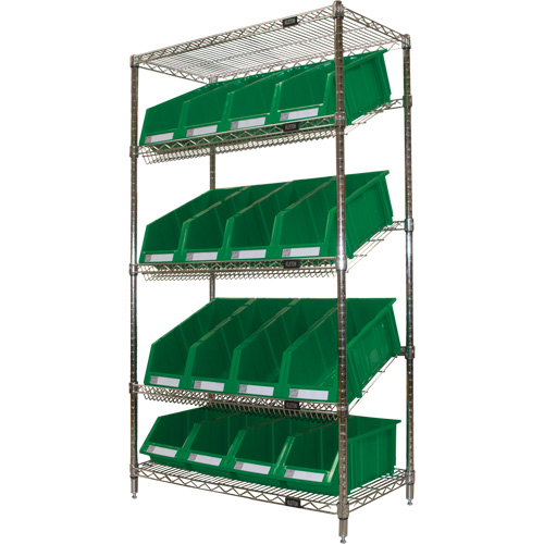&eacute;tag&egrave;re en treillis m&eacute;tallique &agrave; tablettes inclin&eacute;es avec bacs, Tiers 5, 36" la x 63" h x 18" p Stor-it Systems