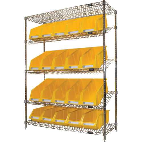 &eacute;tag&egrave;re en treillis m&eacute;tallique &agrave; tablettes inclin&eacute;es avec bacs, Tiers 5, 48" la x 63" h x 18" p Stor-it Systems