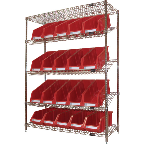 Slanted Wire Shelf with Bins, 5 Tiers, 48" W x 63" H x 18" D Stor-it Systems